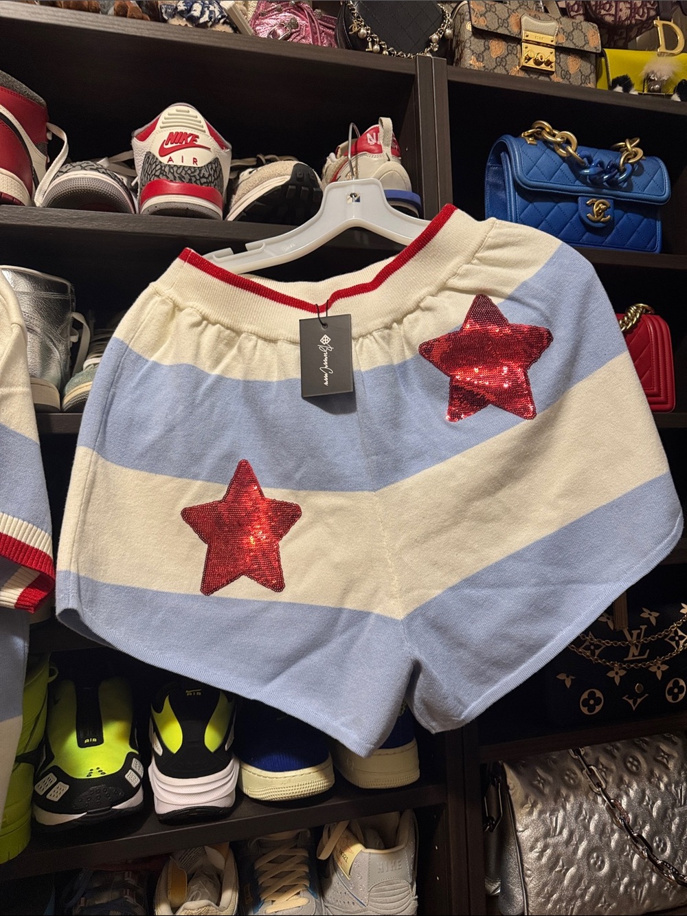 NWT Brianna Cannon Nantucket Stripe Knit Star Sequin Top & Shorts Set M - Picture 10 of 13